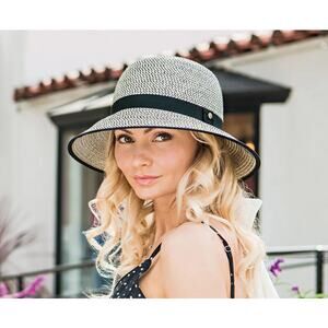 WALLAROO HAT COMPANY Darby Raffia Sun Beach Hat White Black Adjustable Packable